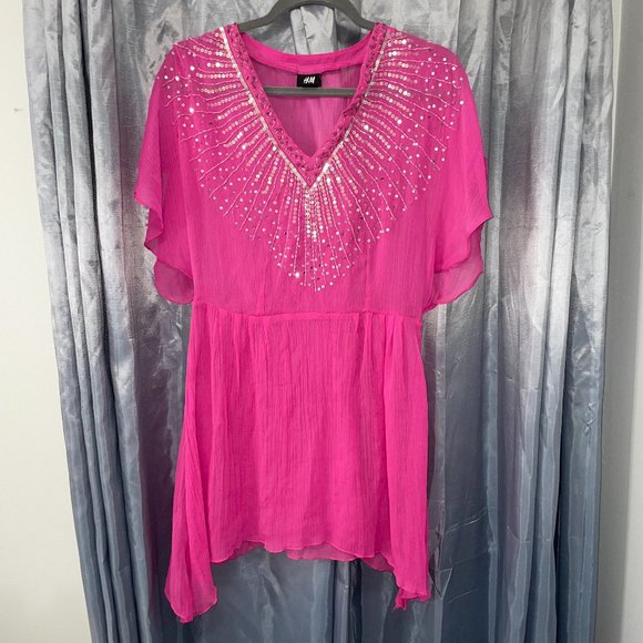 H&M Bright Pink Sequin Beaded Swim Coverup / Sheer Dress V Neck Frilly Sz 8 - Picture 1 of 7